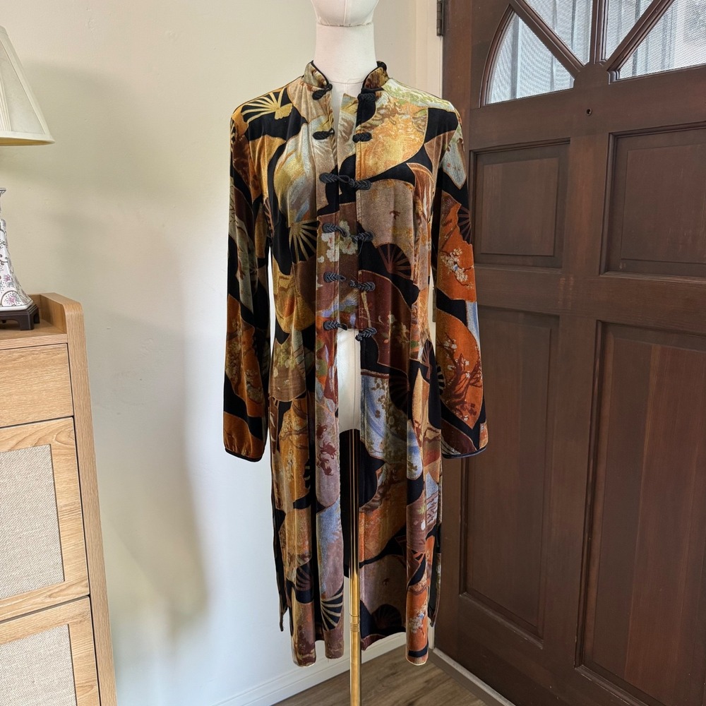 VTG 90s Y2K CLIO Velvet Duster Kimono Dragon Asian Mandarin Vamp Velour | PL